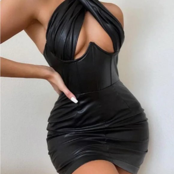DASTASH Dresses & Skirts - HEARTBREAKER  Faux Leather Backless Halter Mini Bodycon Dress SEXY